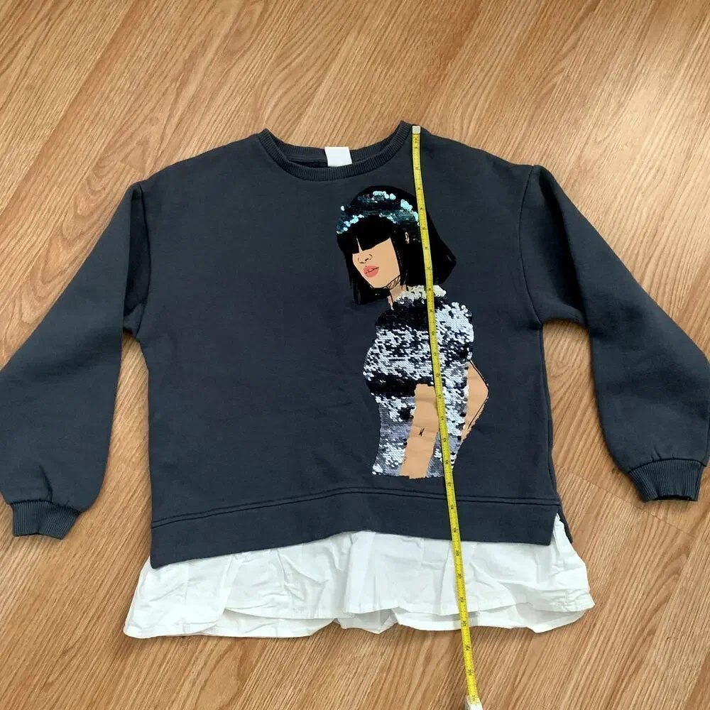 Zara Sequined Girl Graphic Peplum Crewneck Cotton Sweatshirt Size 13-14